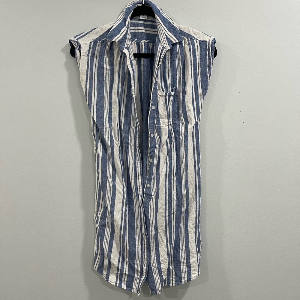 Blue and White Striped Sleeveless Shirt